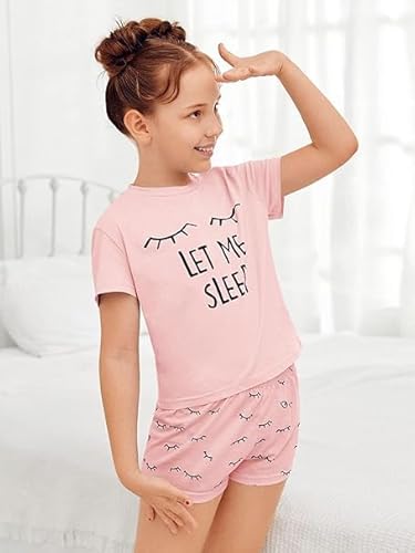Haloumoning Mädchen Schlafanzüge Sommer Niedliche Shorts Set Bequem Kurzarm Cartoon bedrucktes Pyjama Set T-Shirt und Kurze Hose Set, Rosa, 10-12 Jahre