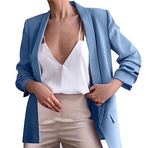 Blazer dam lång, enfärgad kavaj för dam långa ärmar, långblazer, revers butik, kontor, blazer, öppen front, ytterkläder, höst, ledig kappa, Ljusblå, S