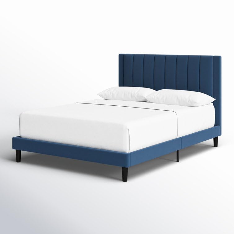 Image of HITHOS Modern Upholstered Queen Size Bed with Wingback Headboard | Wooden Double Bed Cot Palang Without Storage for Living Room Bedroom Home (Navy Blue) 1 Year Warranty