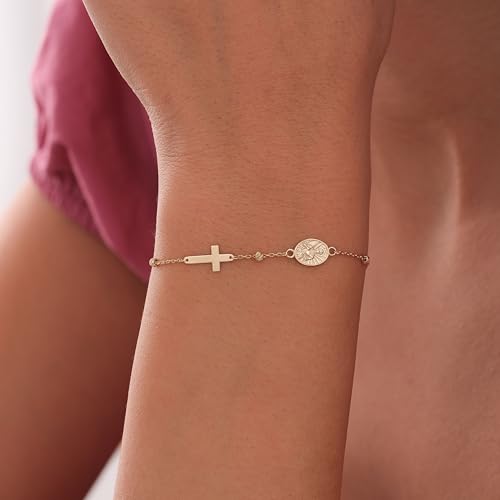 Image of MIONZA Catholic Medal Cross Bracelet for Women | 14K Gold Plated or Solid Gold, Religious Rosary Jewelry, Choose Your Saint Medal Bracelet