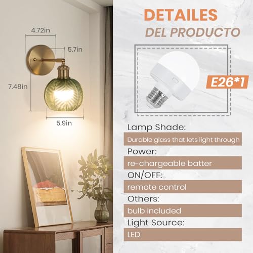 Image of Battery Operated Wall Sconce, Vintage Wall Sconce with Deep Green Tulip Glass Lampshade Rechargeable, Battery Wall Light with Remote,Wireless Wall Sconces, for Bedroom,Living Room, Hallway