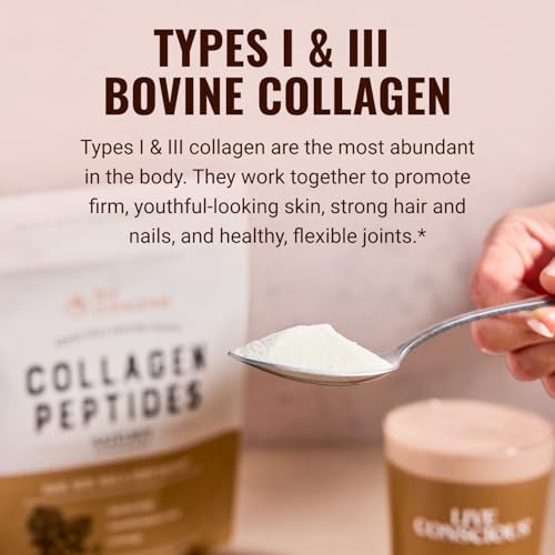 Image of Live Conscious Collagen Peptides Powder - Hazelnut Collagen Powder - Hair, Skin, Nail, & Joint Support - Type I & III Grass-Fed Collagen Supplements for Women and Men - 30 Servings (2-Pack) - 12.4oz