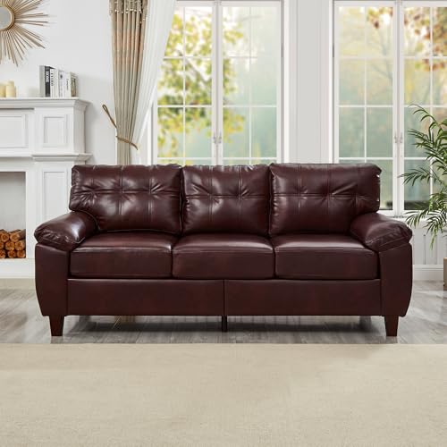 79" Burgundy Faux Leather Couch with Storage, Mid Century Modern