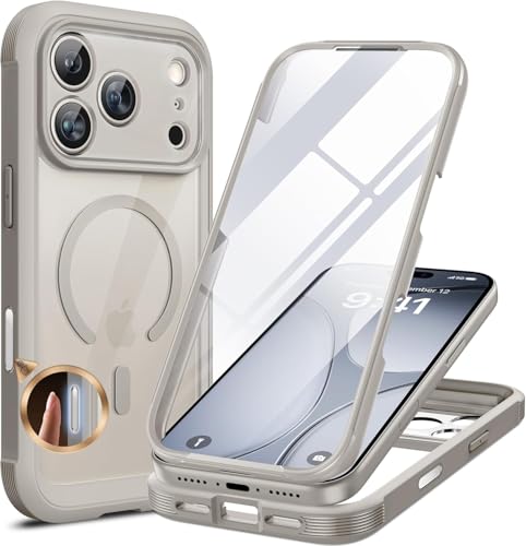 Image of Miracase for iPhone 17 Pro Max Case 6.9 inch Full-Body Phone Case with Built-in Glass Screen Protector& Full Camera Protector,[Magnetic with MagSafe] Drop Proof 17 ProMax Cover, Grey Titanium