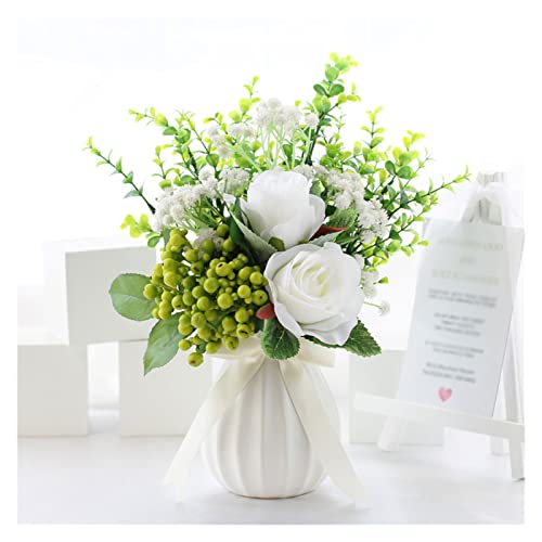 MRKU Ramo de Flores Artificiales de hortensias/Bayas con jarrón de cerámica, Ideal para Bodas, decoración del hogar y la Sala de Estar.