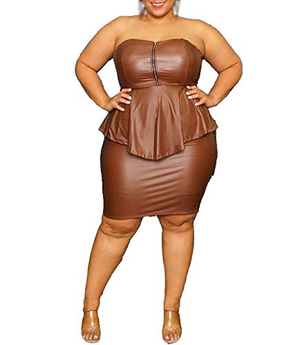 Sexyshine Women's Plus Size 2 Piece PU Leather Outfits Bodycon Zipper Up Ruffle Tube Top and Faux Leather Skirt Dress Sets(24514BR,4XL) Brown