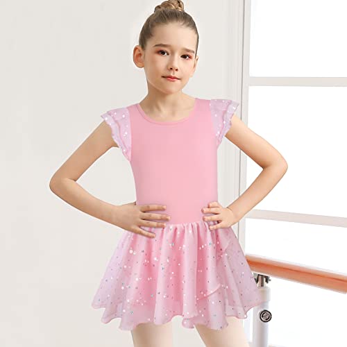 Image of MOLLDAN Girls Dance Leotards for Ballet Dress Shiny Skirt Ruffle Sleeve Crisscross Back