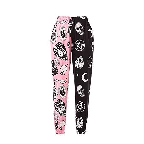 XFLnaraz Women s Fashion Printed Jogger Pants Elastic Waist Color Block Street Loose Sweatpants with Pockets (J-Black&Pink Skull, XL)