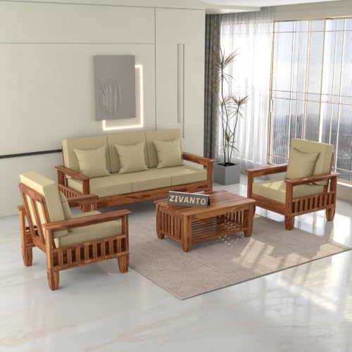 Image of Solid Sheesham Wood 5 Seater Sofa Set for Living Room | Premium Wooden Sofa with Side Magazine Rack | High-Density Cushioned Fabric Seats | Modern Home Furniture