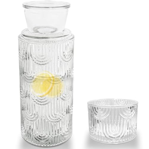 Bedside Water Carafe and Glass Set, 21.6 OZ Glass Pitcher with 6 OZ Drinking Cup as Lid, Nightstand Kitchen Water Bottle(Clear)
