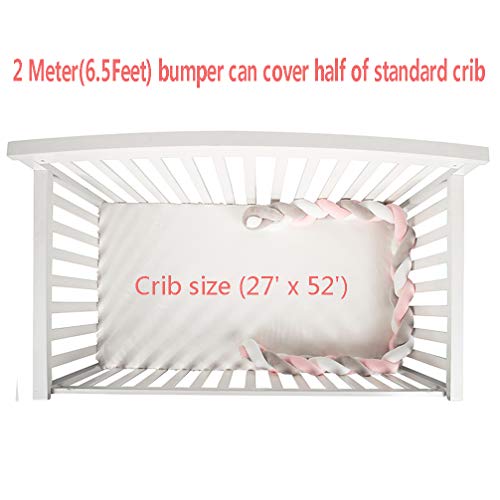 LOAOL Baby Bed Bumper Knotted Braided Plush Nursery Cradle Decor Newborn Gift Pillow Cushion Junior Bed Sleep Bumper (White-Gray-Pink, 6.5 Feet)