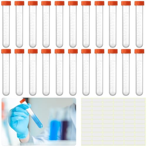 22 Pcs Tubos de Ensayo de Laboratorio, 10ml Tubos de Ensayo de Plástico con Tapa de Rosca Naranja, Centrifuge Tubes, Tubos de Prueba de Plástico Transparente para Laboratorio Pigmentos Experimentos