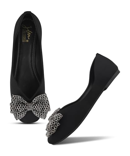 Image of JM LOOKS Sparkling Occasion Ballet Flats with Oversized Glitter Bow and Sleek Low Profile Design Silhouette