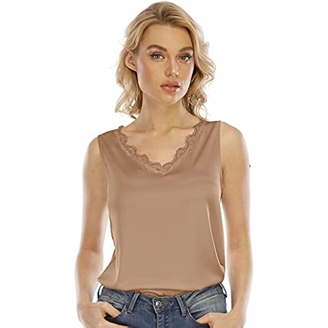 Miqieer Women's Silk V Neck Camisole Lace Racerback Tank Tops Casual Loose Sleeveless Blouse Shirts(Khaki,XL) Cover