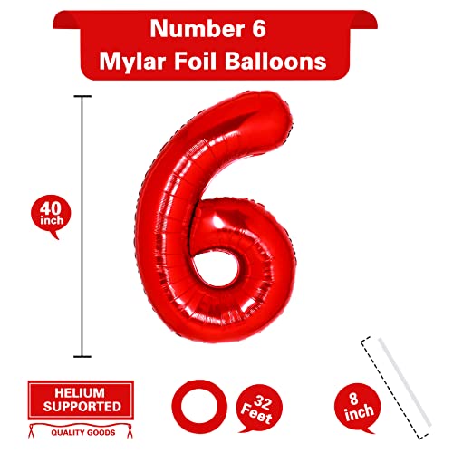 40 Inch Giant Red Number 6 Balloon, Helium Mylar Foil Number Balloons For Birthday Party, 6Th Birthday Decorations For Kids, Anniversary Party Decorations Supplies (Red Number 6) #TOP1