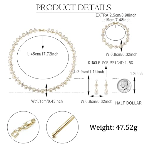 Image of EVER FAITH Cubic Zirconia Pearl Leaf Bridal Jewelry Set for Bride Women