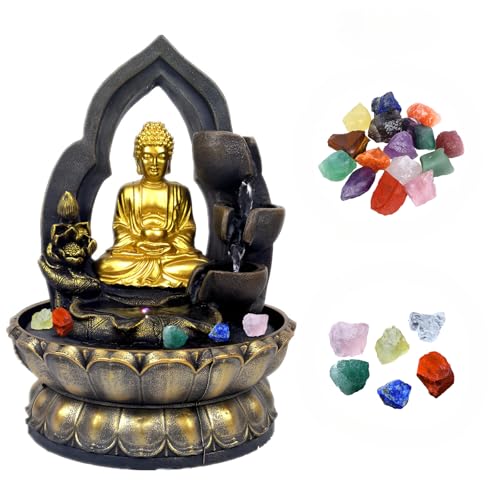 Zen Buddha Water Fountain with LED Lights & Soothing Sound, Indoor Waterfall Decor for Home & Office, Gold Buddha Statue, Relaxation Gift (+ 10 Free Crystals)