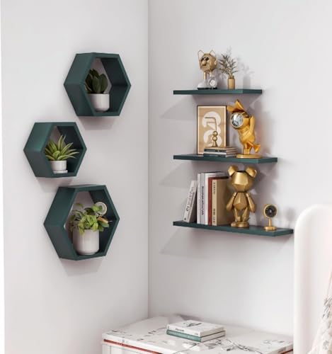 Image of Wooden Floating Wall Mounted Set of 6 Hexagon Shelves Display Shelf for Photos, Plants, Rustic Honeycomb Shelves for Living Room, Bedroom, Bathroom, Kitchen, Office (Dark Green)