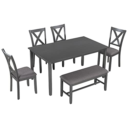 Merax-6-Piece-Wooden-Kitchen-Dining-Table-Set-with-4-Fabric-Chairs-and-Bench-Family-Furniture-Grey6pcs2