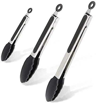 Kitchen Tongs,Ruigo Non Stick Stainless Steel Silicone Tongs, Set of 3-7,9,12 inch,High Heat Resistant Locking Thongs with Rubber Tipped Tongs for Cooking Barbecue Grilling (Black)