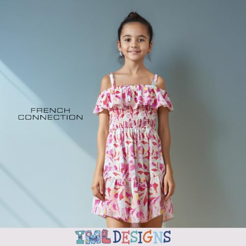 French Connection Girls All Over Print Soft Casual Dress - Flutter Sleeve Ruffle Floral Print Summer Sundress for Kids4