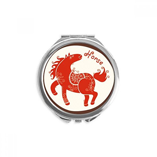 Miroir de poche portable rouge maquillage zodiaque cheval rond