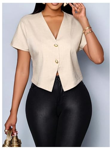 Floerns Women's V Neck Button Asymmetrical Hem Blouse Short Sleeve Elegant Shirt Tops4