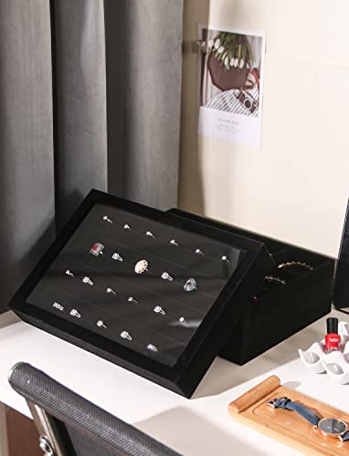 Image of Coward Set of 5 Stackable Jewelry Organizer Tray Necklace Earring Box Storage Ring Bracelet Display Holder (Black(ring+necklace+earring+12grid))