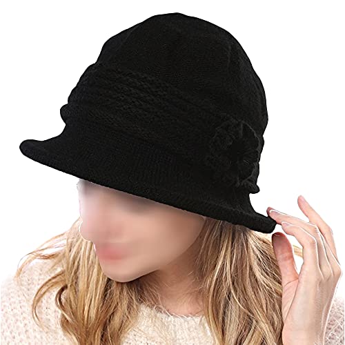 Winter Wool Knit Beanie Skull Hat 1920S Cloche Knitted Bucket Cap For Women Ladies Autumn Fall Black #TOP1