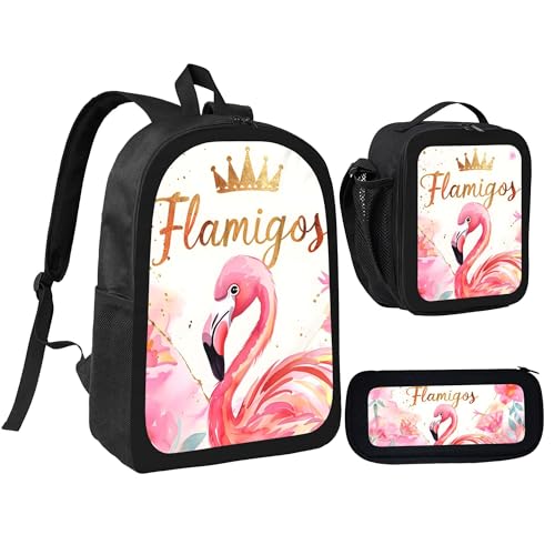 Cute Pink Flamingo 3 Pcs 17 Inches Backpack Set with Insulated Lunch Bag And Pencil Pouch Large Back Pack for Men Women Lunchbox Pencil Case Waterproof Backpacks Lunch Box 3 Piece Daypacks