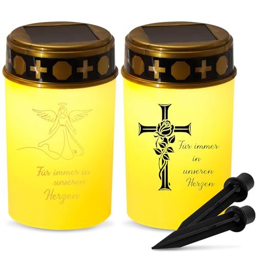 Xevinas 2pcs Grablichter, Grablicht Solar 12,3 X 7 Cm Mit Realistischer Flackereffekt, Grabkerzen Led Mit Batterie Grabschmuck Wetterfest Mit 2 Erdspieß, Grablichter Für Immer in Unseren Herzen (D)