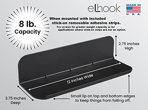Elhook Made In Usa Black Stick-On Removable Adhesive Floating Wall Shelf Durable Textured Abs Injection Molded Plastic With Lipped Edges | Designed For Stick-On Adhesives Or Screws #TOP1