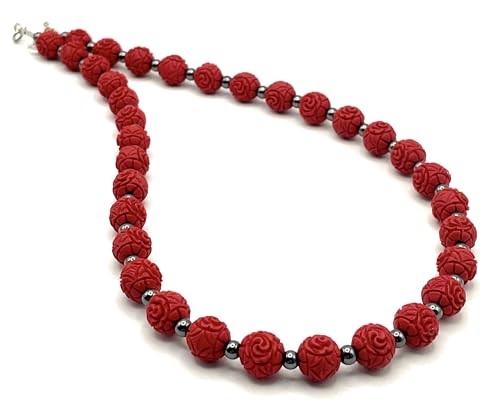 Collier avec cinabre rouge véritable, hématite et argent massif - 7