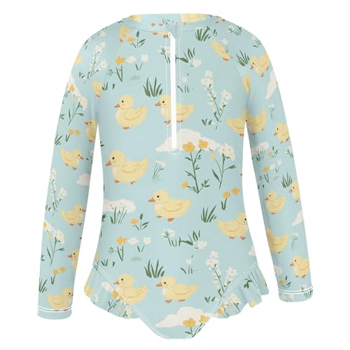 Yellow Duck Floral Girls Long Sleeve Swimsuit Rash Guard One Piece Bathing Suits Zipper 3-12T2
