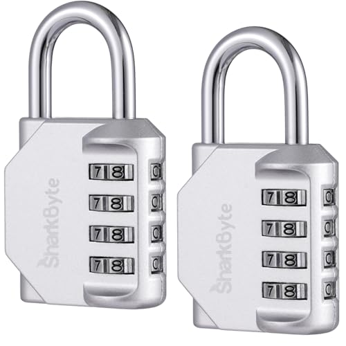 SharkByte 2 Pack Heavy Duty Combination Padlocks – 4-Digit Weatherproof Outdoor Lock, Keyless Resettable Lock for Gym, School, Locker, Shed, Toolbox, Storage & Site Use - Silver