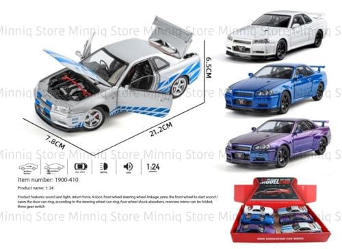 Image of 1:24 Scale Nissaan Skyline R-34 Model Alloy Metal Pull Back Toy car for Kids with Openable Doors & Light, Music Toy Vehicle for Kids (1:24 Nissaan Skyline R-34 (Blue))