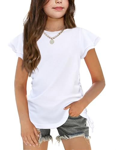 Arshiner T-Shirt Mädchen Weiß Sommer Kurze Ärmel Tops Kinder Hochzeit Oberteil Kinderkleidung mit Kordelzug 9-10 Jahre