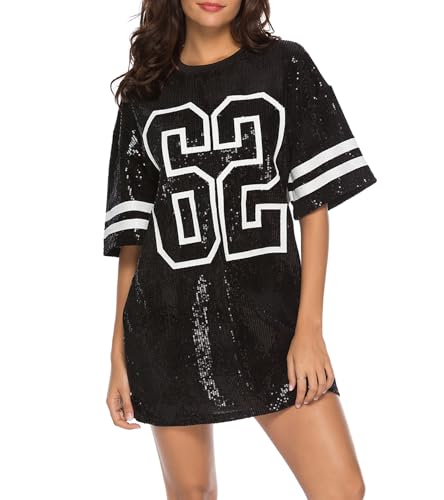Jigfar Women's Sparkly Sequin Short Sleeve T-Shirt Dress Casual Loose Cute Tunic Blouse(F1888,Black,XL)