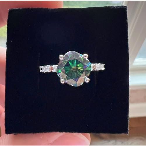 Generic Colorful 3 Ct. Green Rainbow Moissanite Ring, 18K White Gold Over Silver, Cushion Cut With Side Moissanite Accent Stones (8), Greenish purple4