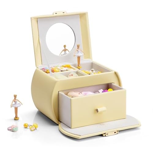 Vlando Musical Kids Jewellery Box with Drawer, Lockable Music Box with Ballerina for Children Bracelet, Ring, Necklace, Gifts for Girls, Apricot Pink