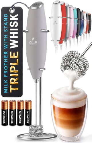 Image of Zulay Kitchen Powerful Milk Frother Wand With Duracell Batteries - Ultra Fast Handheld Drink Mixer - Electric Whisk Foam Maker for Coffee, Lattes, Cappuccino & Matcha - Triple Whisk - Pewter Gray