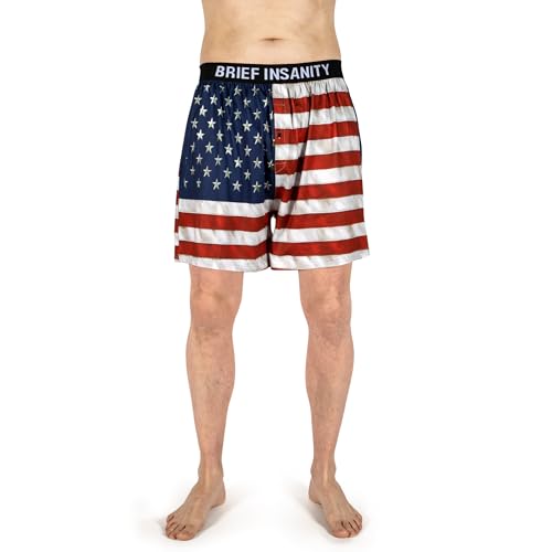BRIEF INSANITY American Flag Boxers | 4th of July Patriotic, Military, Comfortable Loose Fit Boxer Shorts for Men (X-Large, American Flag)