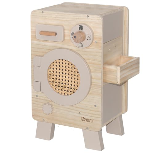 howa Kinderwaschmaschine aus Holz - Spielzeug Waschmaschine mit drehbarer Trommel, Regler mit Klickgeräusch, Waschmittelfach, Utensilienhalter, Natur-beige 48261
