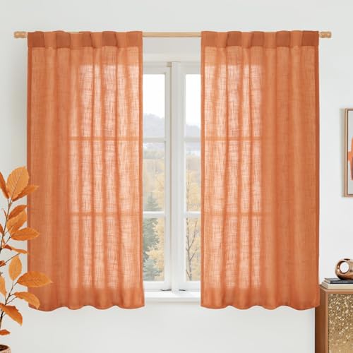 LAMIT 54 Inch Semi Sheer Window Linen Curtains, Light Filtering Panels Back Tab and Rod Pocket Country Decor Drapes for Bedroom/Farmhouse, Burnt Orange, 2 Panels, 34 x 54 Inch