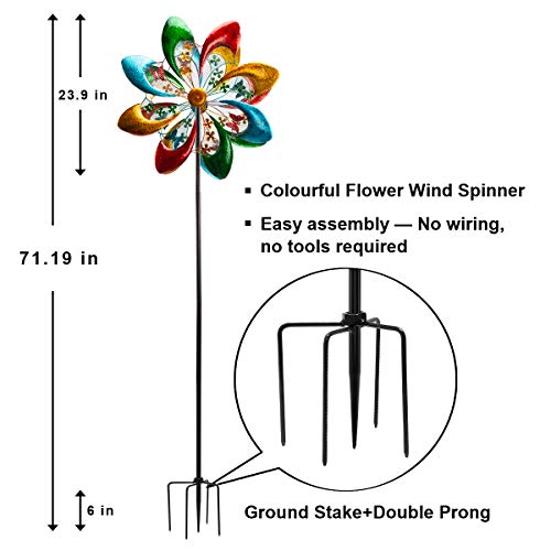 Sowsun Extra Large Wind Spinner Outdoor Metal Yard Sculpture, 24" Dia 71" Tall Garden Spinner With Colorful Flower Blades, Dual Rotors Wind Sculpture For Outdoor, Patio, Yard Art, Garden Decoration #TOP4