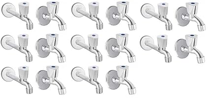 Spazio Stainless Steel Triangle Bib Cock with Long Body Combo Pack Foam Flow Water Taps with Wall Flange (Pack of 8) (Chrome Plated, Brass Disc)