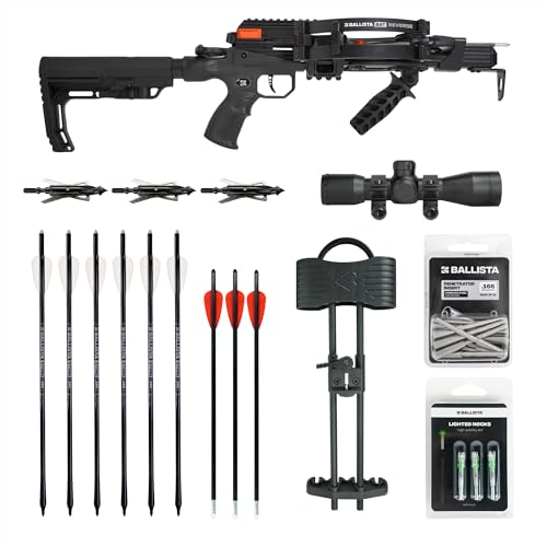 BALLISTA BAT Reverse Draw Crossbow Hunting Bundle with L-Stock – Fast 340 FPS Powerful 150lbs Compound Crossbow, Scope, Carbon Bolts, Broadheads, Quiver, Lighted Nocks – Lighweight 3.9 lb Hunting Kit
