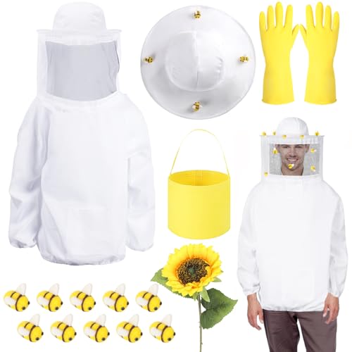 Halloween Beekeeper Costume Set Include Beekeeper Jacket Wool Felt Bees Gloves Felt Bucket Sunflower for Bee Party Dress Up (X-Large)