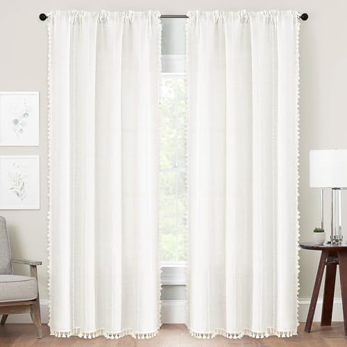 2 Panel Long Boho Farmhouse Linen Striped Embroidery Drapes with Tassels for Bedroom, Living Room, Window - White, 52 x 84 inch drop (132 x 213cm)