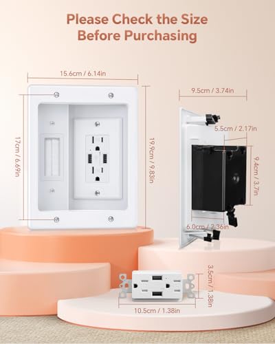 ZEXMTE in Wall Cable Management Kit with AC Outlets & USB Ports, Recessed Outlet Box,in Wall TV Power Kit, Hide Cords Recessed Wall Outlet for TV & Low Voltage Cables, White